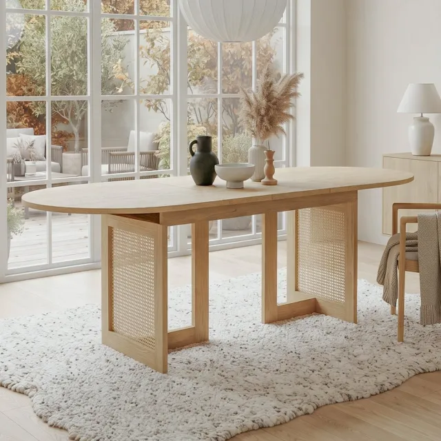 OKWISH Eettafel - Uitschuifbaar 120 Tot 160 x 80 cm - Voor 6 Tot 8 Personen - Afgeronde Hoeken En Rotan Poten - MDF Eikenkleur