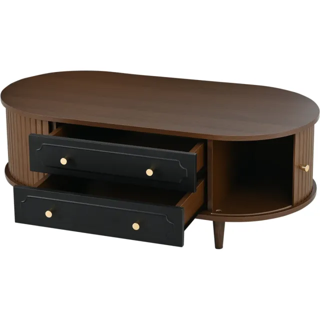 Ropilly Salontafel Walnoot - Retro Koffietafel - Met 2 Lades - Praktische Roldeuren - 50 kg Draagvermogen - Voor Woonkamer - 100x50x36 cm - Walnoot-Zwart Notenhout