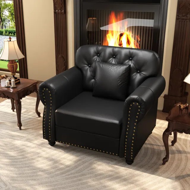 REDOM Chesterfield fauteuil 105x76x86 cm - Kunstleer, knopen en rolarmleuningen - Zwart