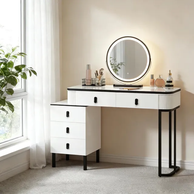 MEUNIQ Kaptafel 100 x 40 x 125 cm met 5 lades, LED-spiegel van 45 cm met 360° draaifunctie, verstelbare zijkast en USB-aansluiting, zwart-wit