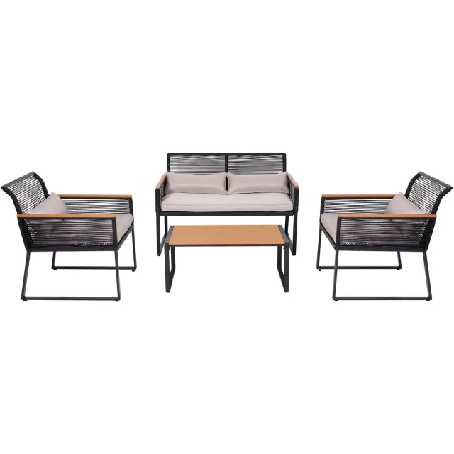 MCW Tuinset MCW-K42, tuin loungeset bank, rope weave Rope houtlook staal, bekleding lichtgrijs
