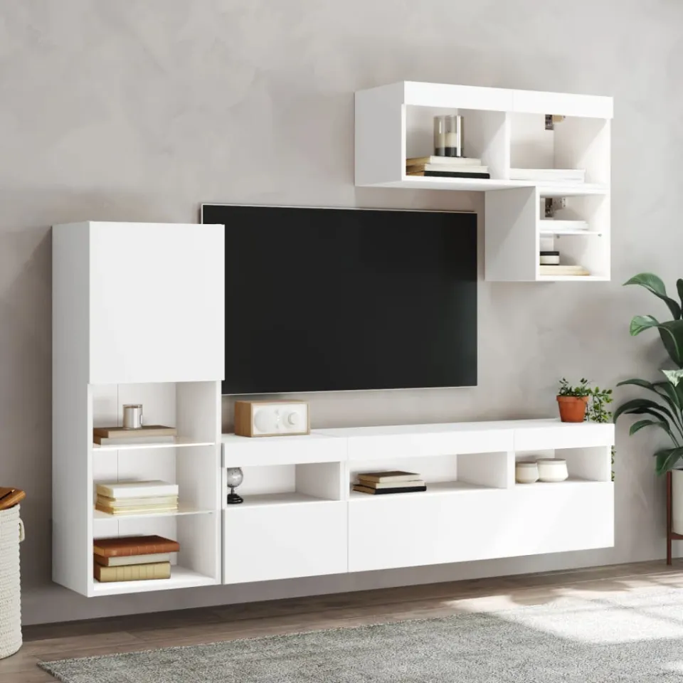 vidaXL 6-delige Tv-wandmeubelset met LED-verlichting bewerkt hout wit, foto 3