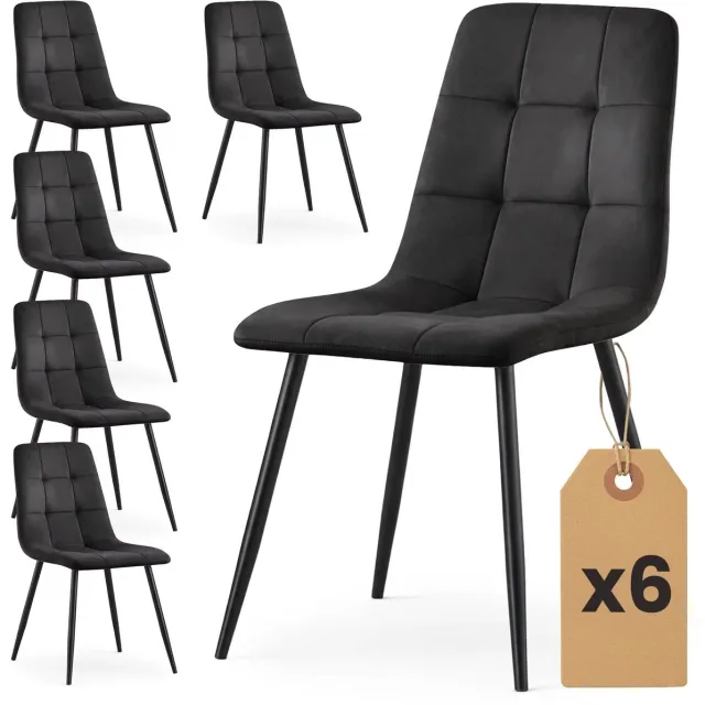 Whoopr® Set van 6 Velours Eetkamerstoelen – Gestoffeerde Stoelen met Gewatteerde Zitting – Moderne Eetkamerstoelen met Zwarte Poten – Comfortabele Stoelenset voor Eetkamer & Woonkamer - Zwart