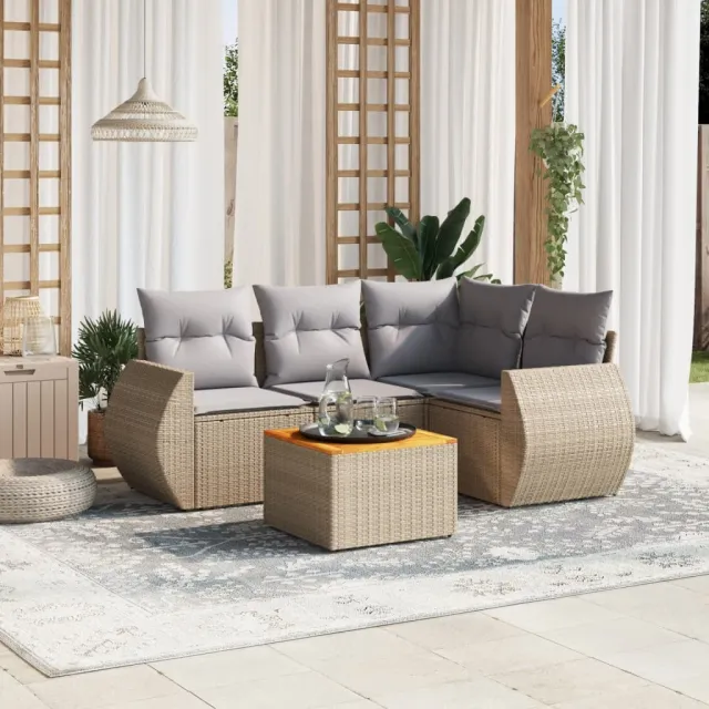 vidaXL 5-delige Loungeset met kussens poly rattan beige, foto 2