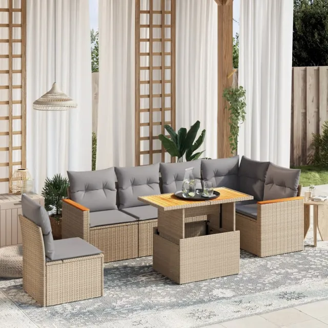vidaXL 7-delige Loungeset met kussens poly rattan beige, foto 2