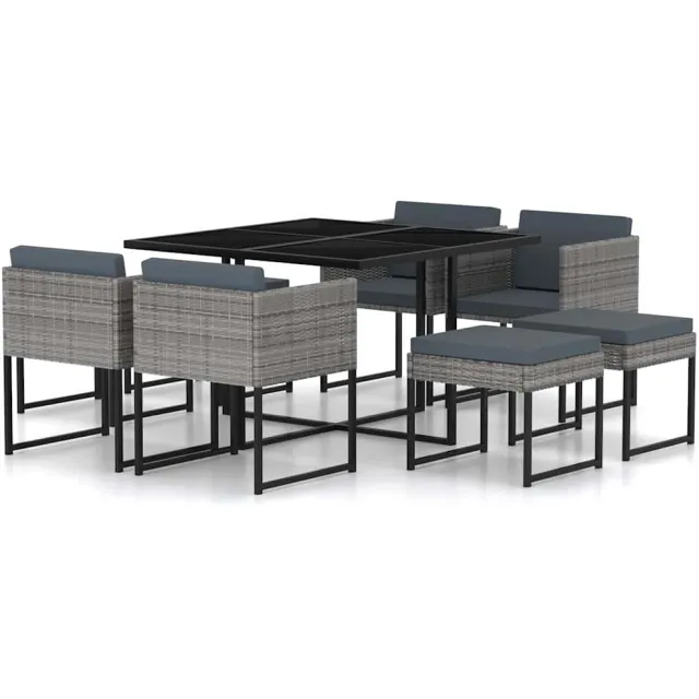 vidaXL 9-delige Tuinset met kussens poly rattan grijs