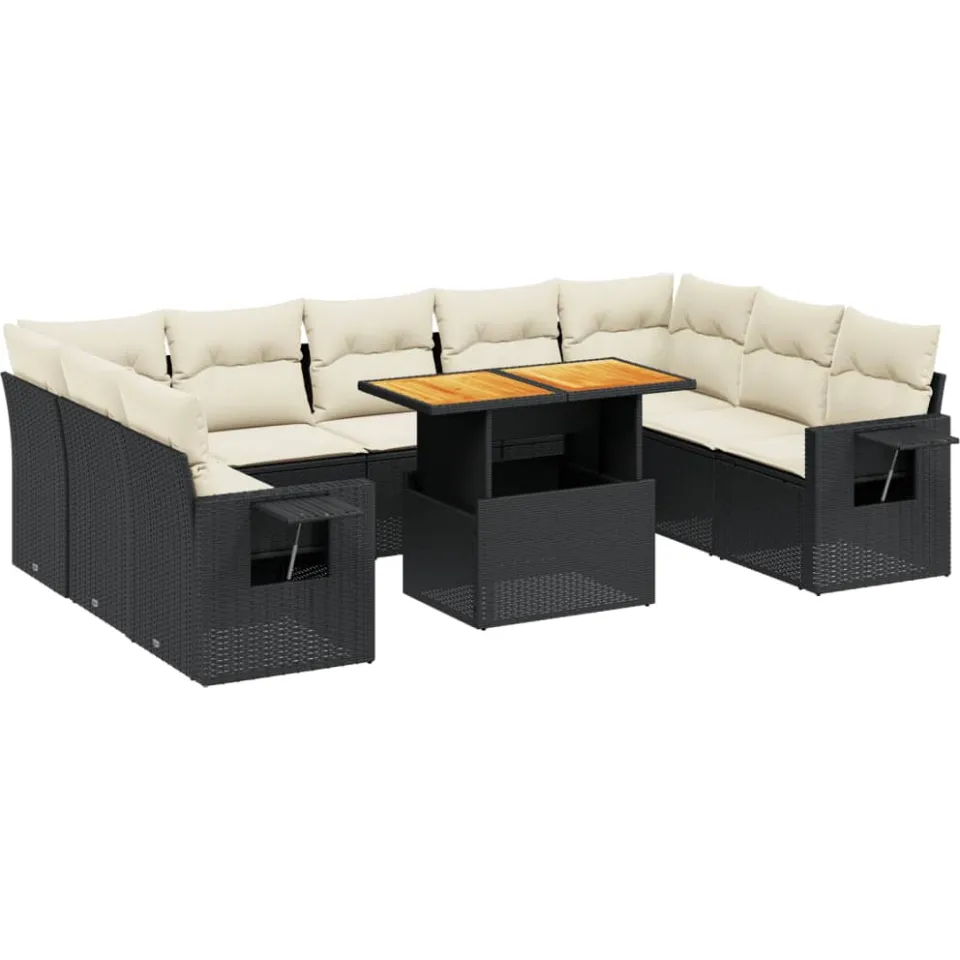 vidaXL 10-delige Loungeset met kussens poly rattan zwart