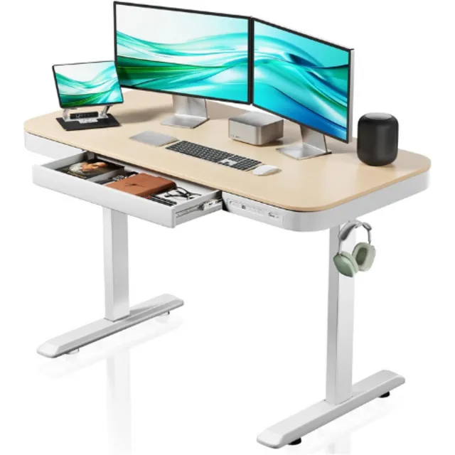 Wiltec In Hoogte Verstelbaar Elektrisch Bureau - Zit Sta Bureau Met 1 Motor - Geheugenfunctie - Laadstation - Botsbeveiliging - 118x60 cm beige, wit