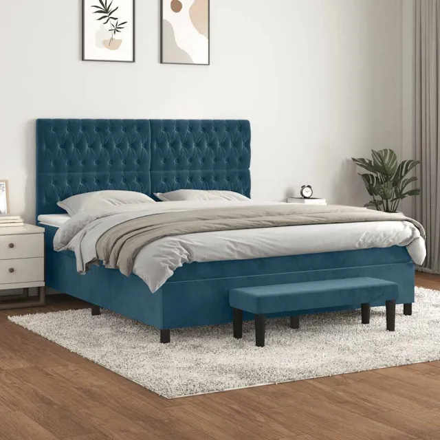vidaXL Boxspring met matras fluweel donkerblauw 180x200 cm blauw