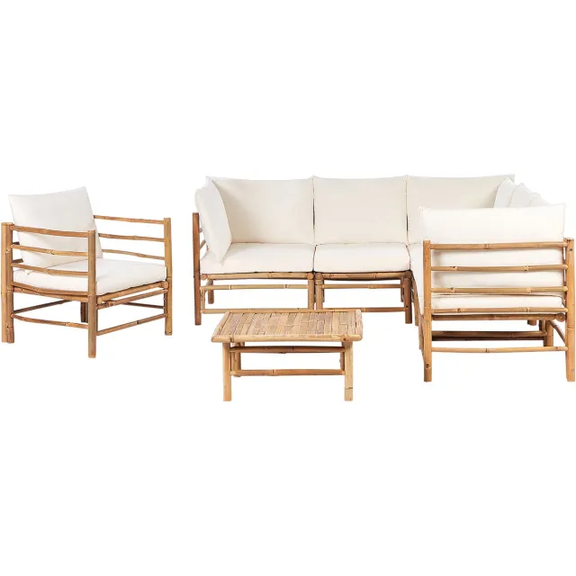 Beliani CERRETO - Loungeset 6-zits hoekbank - Gebroken wit - Bamboehout Bruin