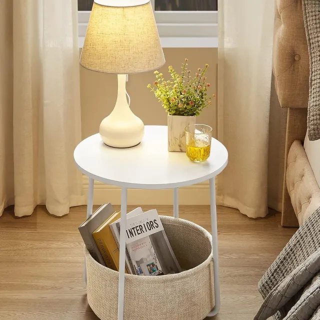 Vasagle bijzettafel - ronde bijzettafel - met stoffen mand - diameter 45 cm - wit en beige