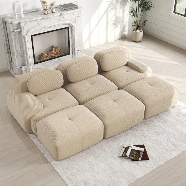 HAUSS SPOLE Hoekbank Modulair - 3-Zits Met 3 Hockers - Montagevrij - Brede Armleuningen - Voor Woonkamer - Ribstof Beige