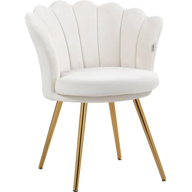 Lunpog Moderne fauteuil (tub chair), fluwelen kaptafelstoel met gebogen hoge rugleuning en vergulde metalen poten voor de slaapkamer, woonkamer of leeshoek, crèmekleurig