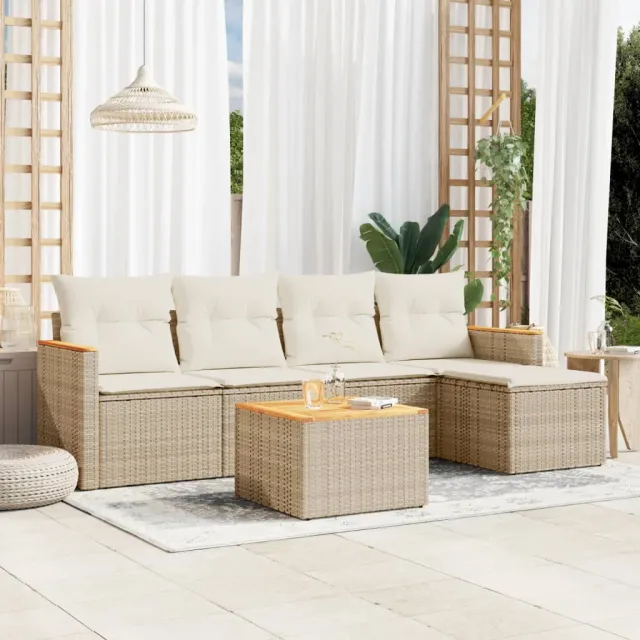 vidaXL 6-delige Loungeset met kussens poly rattan beige, foto 2