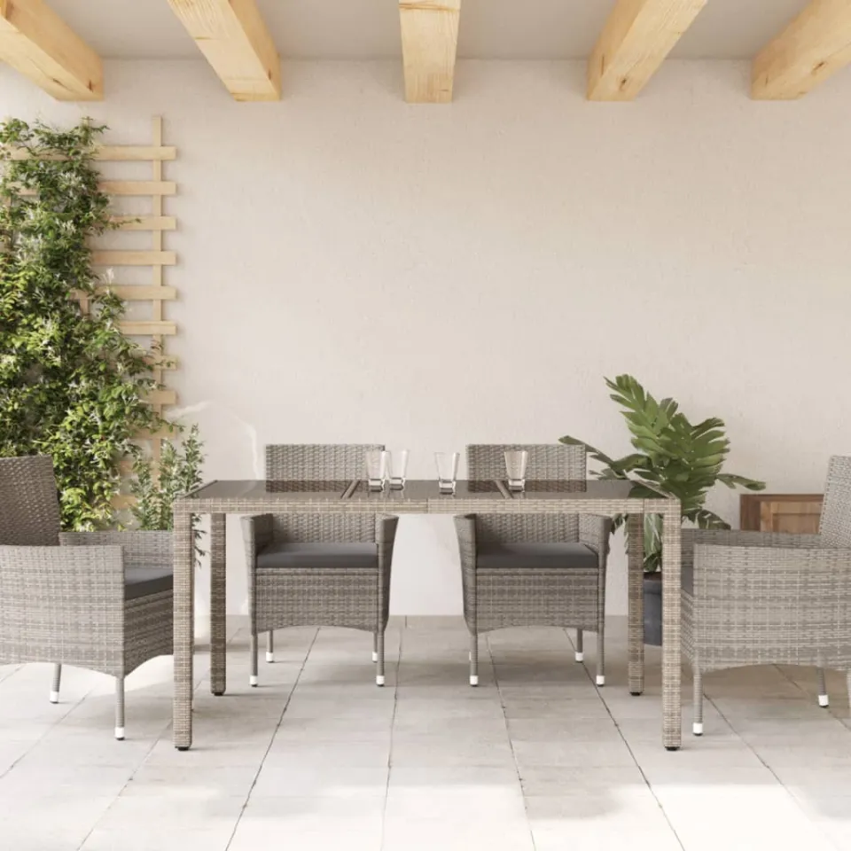 vidaXL Tuintafel met glazen blad 150x90x75 cm poly rattan grijs, foto 3