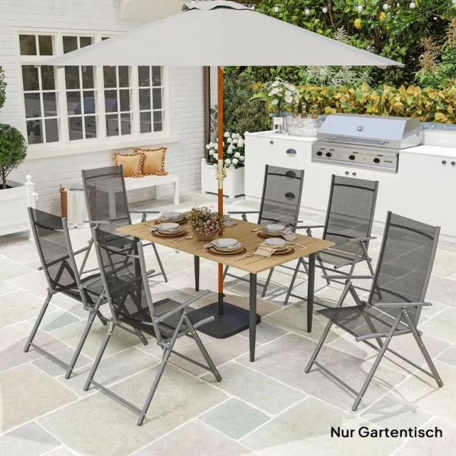 MEUNIQ balkontafel 150 x 90 cm rechthoekige tuintafel voor 6 personen met parasolgat, metalen tafelblad en stalen frame voor tuin, terras of balkon, bruin
