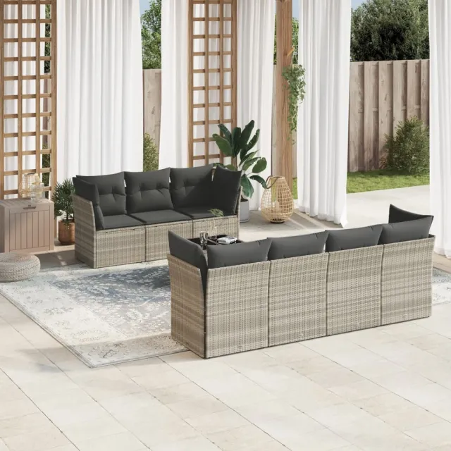 vidaXL 8-delige Loungeset met kussens poly rattan lichtgrijs grijs, foto 2