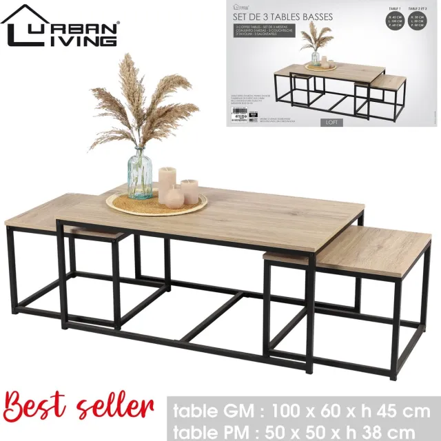 Casame "LOFT" – SET VAN 3 SALONTAFELS HOUT EN METAAL 1-100X60XH45CM + 2-50X50XH38CM Bruin