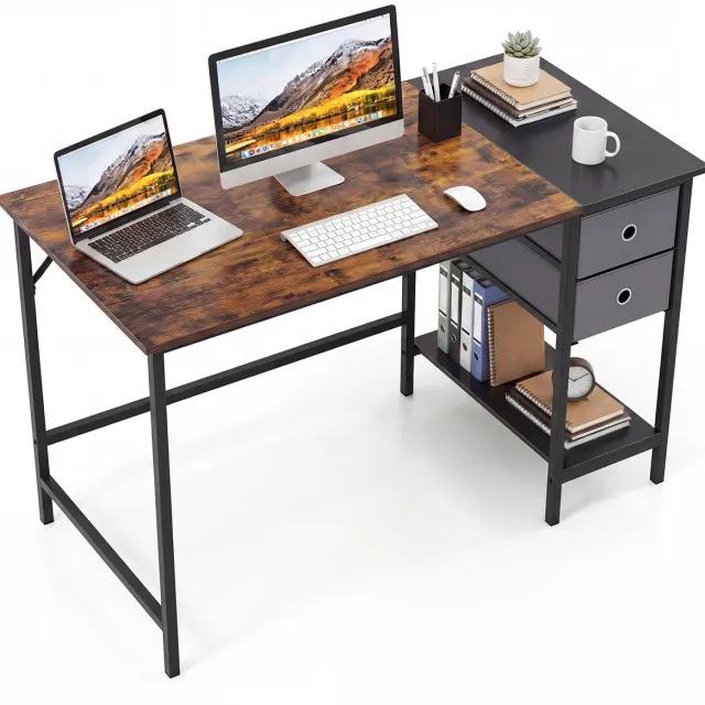 Costway Bureau met 2 laden, 120 cm lange computertafel met hoofdtelefoonhaak en opbergvak, bureautafel, grote pc-tafel, werktafel voor kantoor, thuis (zwart, 120 cm breed) Zwart + Bruin