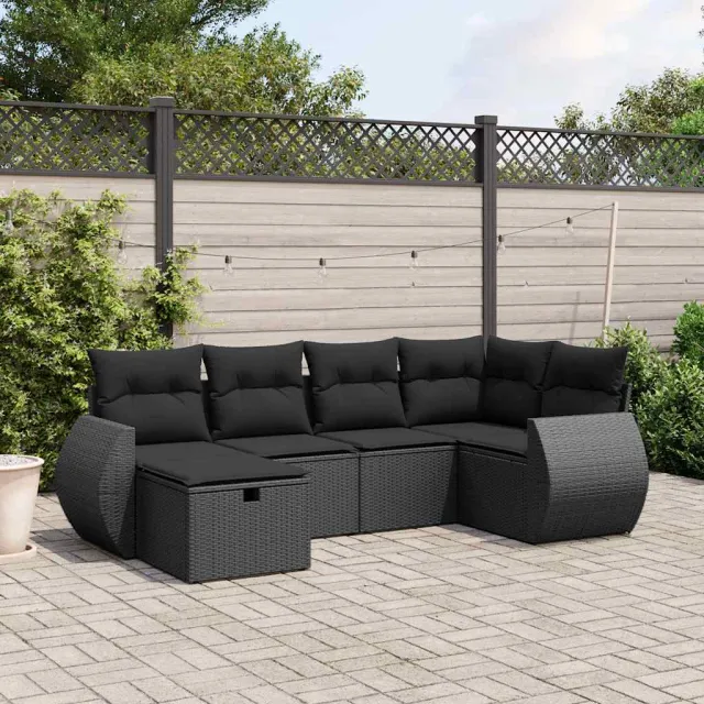 vidaXL 6-delige Loungeset met kussens poly rattan zwart, foto 2