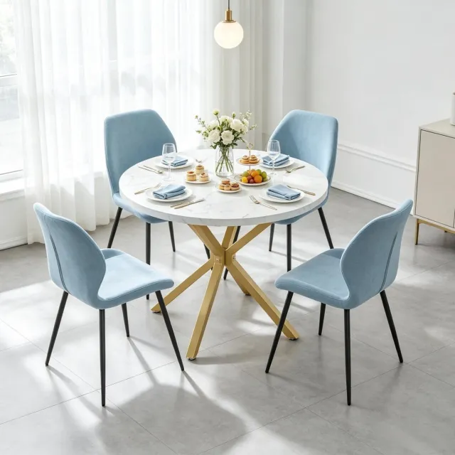 Wishdor Ronde eettafel - Marmerlook tafelblad - Gouden X-poot - Scandinavische stijl - Keuken eetkamer woonkamer café - Hout en staal - Wit en goud - Ø 100 x 76,5 cm