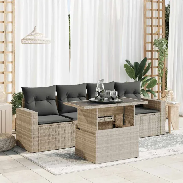 vidaXL 5-delige Loungeset met kussens poly rattan lichtgrijs grijs, foto 2