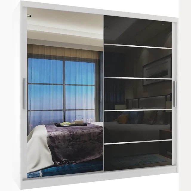 B BELINI GROUP BELINI Verona MGB Schuifdeurkast 200 cm Wit/Zwart Hoogglans - Kledingkast met Spiegel - Comfort Line Hoogglans