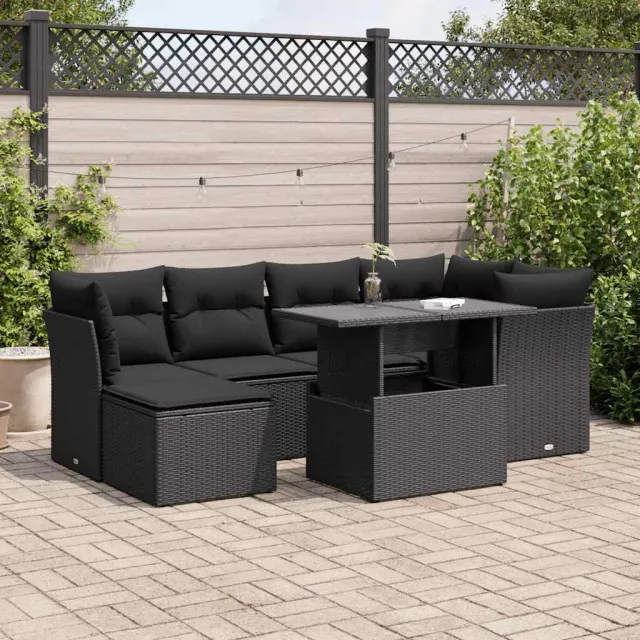 vidaXL 7-delige Loungeset met kussens poly rattan zwart, foto 2
