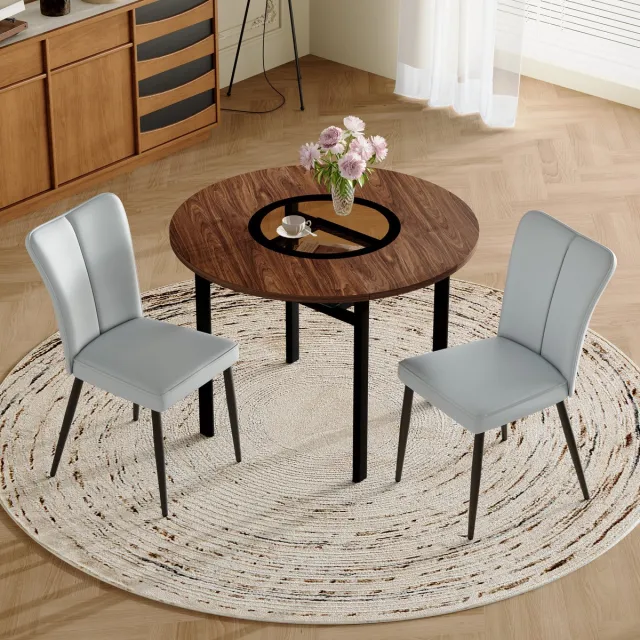 OKWISH Eettafelset 100 Cm - Ronde Tafel Met 2 Stoelen En Glasplateaus - Voor Eetkamer Of Keuken - Metaal En PU - Bruin Houtkleur + lichtgrijs