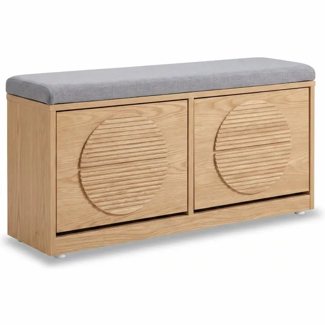 SensaHome Japandi Schoenenbank – Opbergbank met Zitkussen en 2 Klepdeuren – 98x24x43.5 cm – Eiken