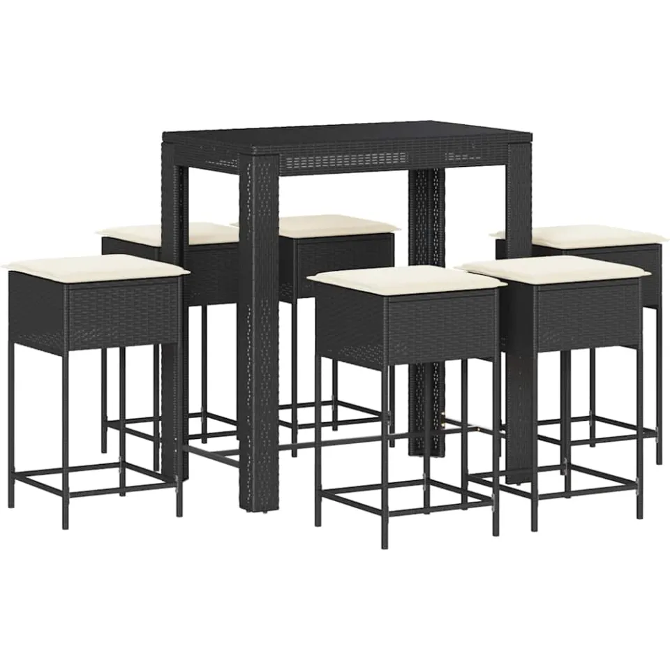 vidaXL 7-delige Tuinbarset met kussens poly rattan zwart, foto 3