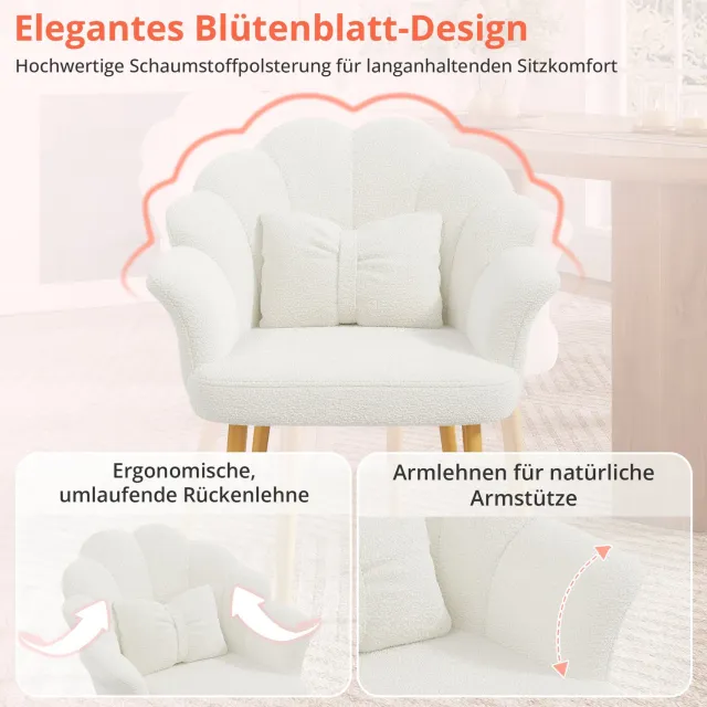 STILVORA Eetkamerstoel – Set Van 4 – Met Armleuningen En Bloemblaadrugleuning – Voor Eetkamer En Kaptafel – Teddystof Wit