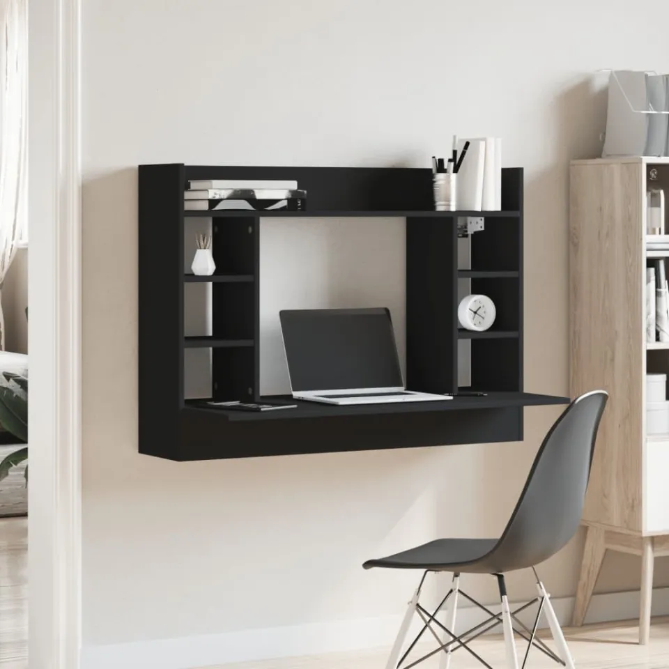 vidaXL Wandbureau 105x48x75 cm bewerkt hout zwart, foto 3