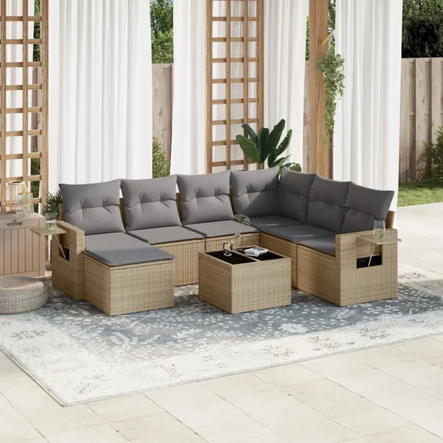 vidaXL 8-delige Loungeset met kussens poly rattan beige, foto 2