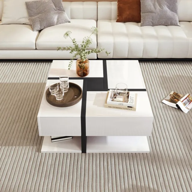 PRIMO HOME Prime Home Vierkante Salontafel - Salontafel met lade - Salontafel vierkant - Hoogglans - Open Opbergruimte – Hoogglans – 78x78 cm – Modern Design – MDF - Wit met Zwart
