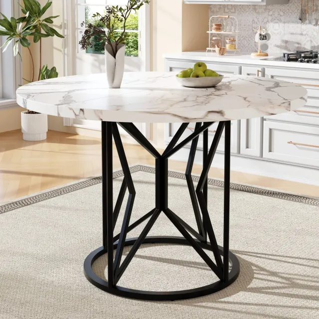COVREO Eettafel 100x100x76 cm zwart met MDF tafelblad in marmerlook fineer en metalen onderstel