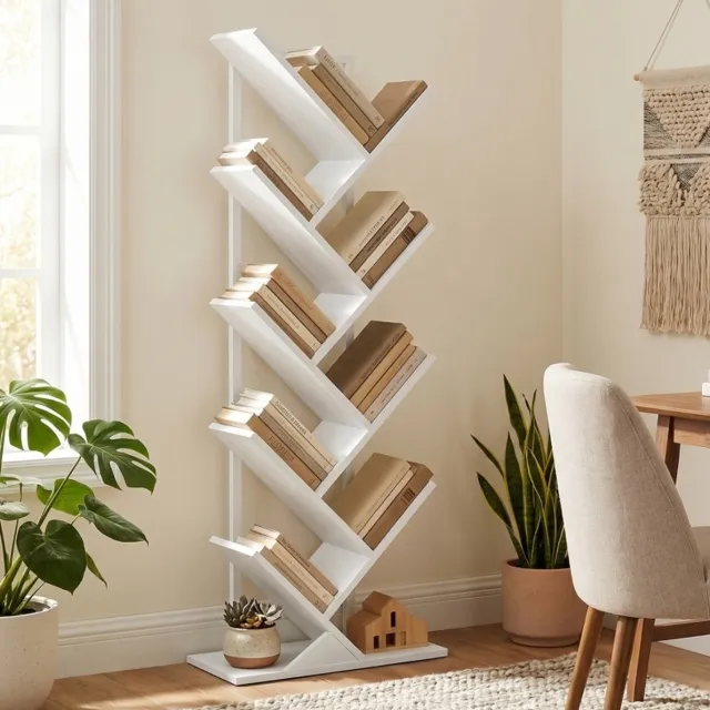 HAUSS SPOLE Boekenkast Boomvormig – 50 x 24 x 136 cm – Industrieel Met Stalen Frame – Hout – Wit – Vrijstaand Voor Boeken, Cd's En Dvd's