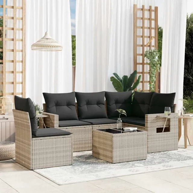 vidaXL 6-delige Loungeset met kussens poly rattan lichtgrijs grijs, foto 2