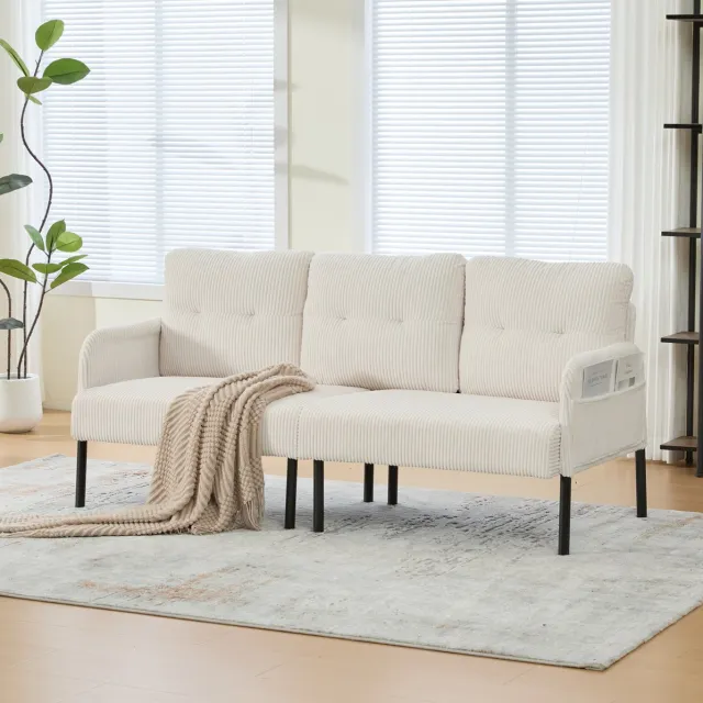FloraGrace Zitbank 171 x 72 x 80 Cm - 3-Zits Bank Met Zijvakken En Ergonomische Rugleuning - Voor Woonkamer Of Werkkamer - Cord - Beige