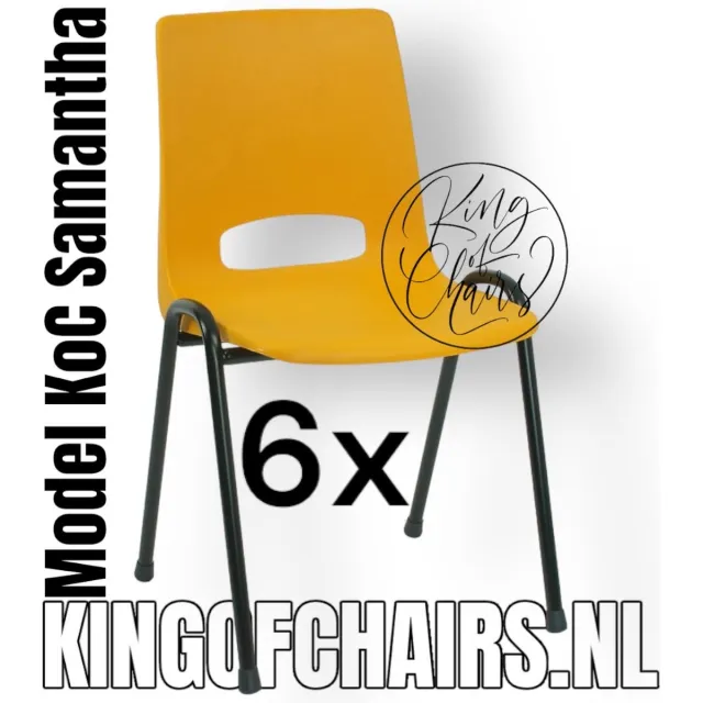 King of Chairs Set van 6- Model KoC Samantha okergeel met zwart onderstel. Stapelstoel kuipstoel vergaderstoel tuinstoel kantine stoel stapel stoel kantinestoelen stapelstoelen kuipstoelen arenastoel De Valk 3320 bistrostoel bezoekersstoel Okergele zitting met zwart onderstel