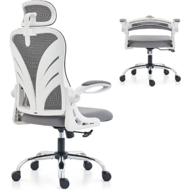 HOLLUDLE Ergonomische Bureaustoel - Opklapbare Rugleuning - Opklapbare Armleuningen - Mesh Lendensteun - 2D Verstelbare Hoofdsteun - Grote Comfortabele Computerstoel Voor Lang Gebruik - Wit