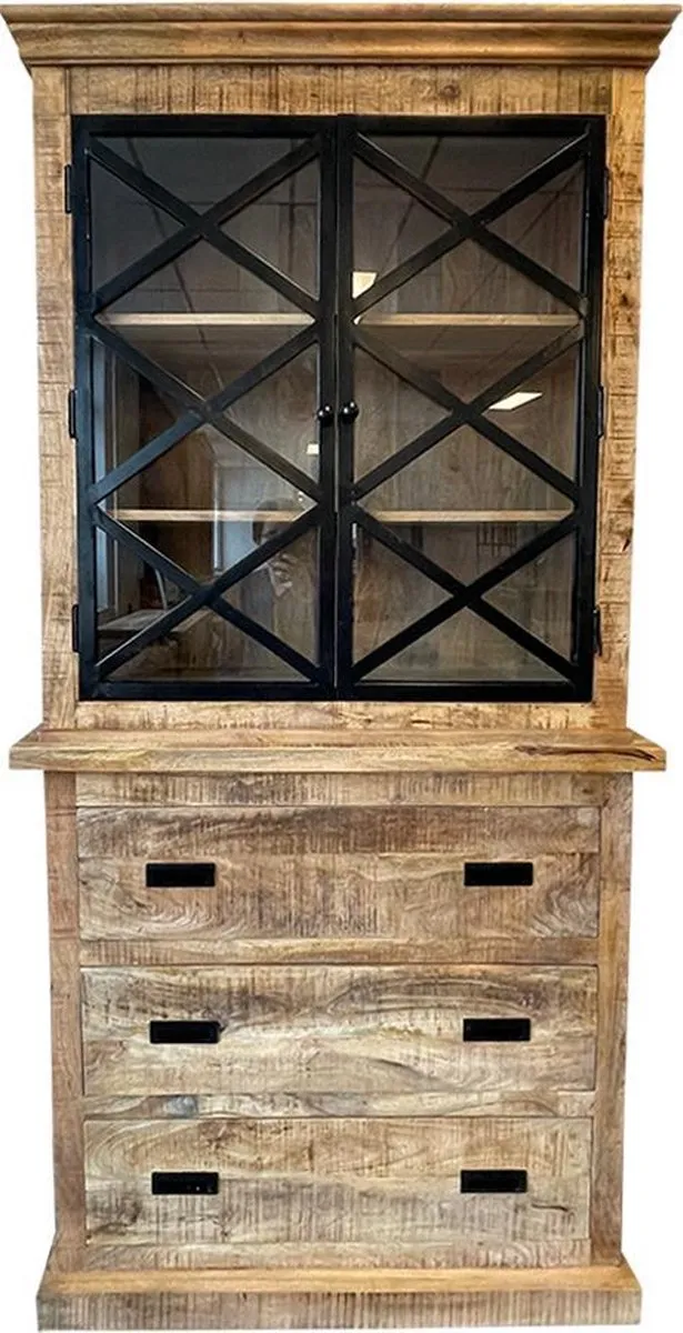 Mahom Mangohouten Buffetkast Denver 100 cm 3 lades X Mahom Industrieel - Vitrinekast van Mangohout & Metaal - Industriële Buffetkast Bruin
