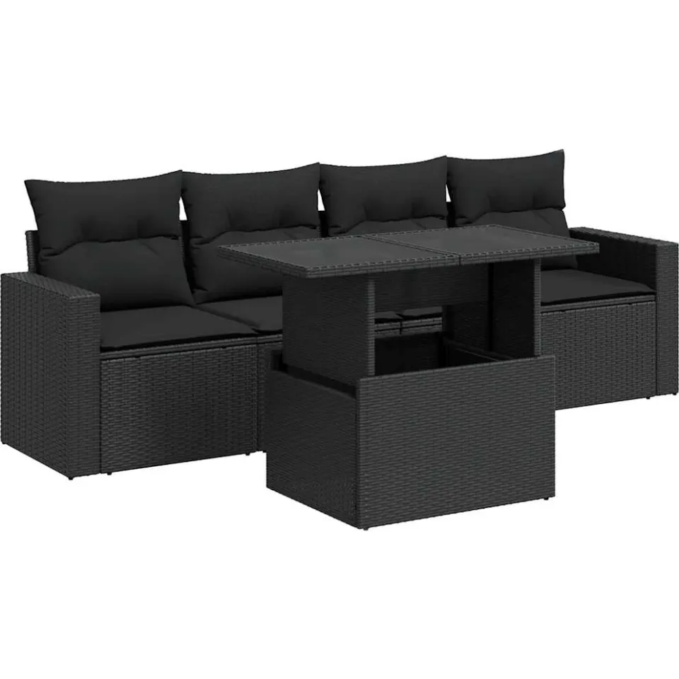 vidaXL 5-delige Loungeset met kussens poly rattan zwart, foto 3