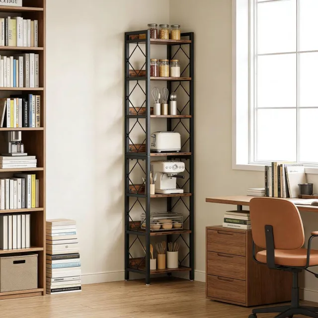 MEUNIQ Smalle boekenkast 34 x 34 x 200 cm met 7 open planken, metalen frame, kantelbeveiliging en verstelbare voetjes voor woonkamer of kantoor, zwart rustiek bruin