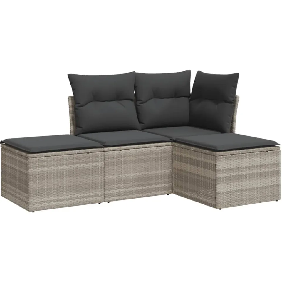 vidaXL 4-delige Loungeset met kussens poly rattan lichtgrijs grijs, foto 3