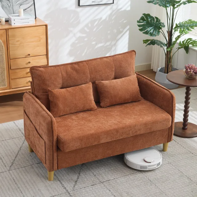 COVREO 2-zitsbank 127 cm bruin - chenille, armleuningen en opbergtasjes Brown