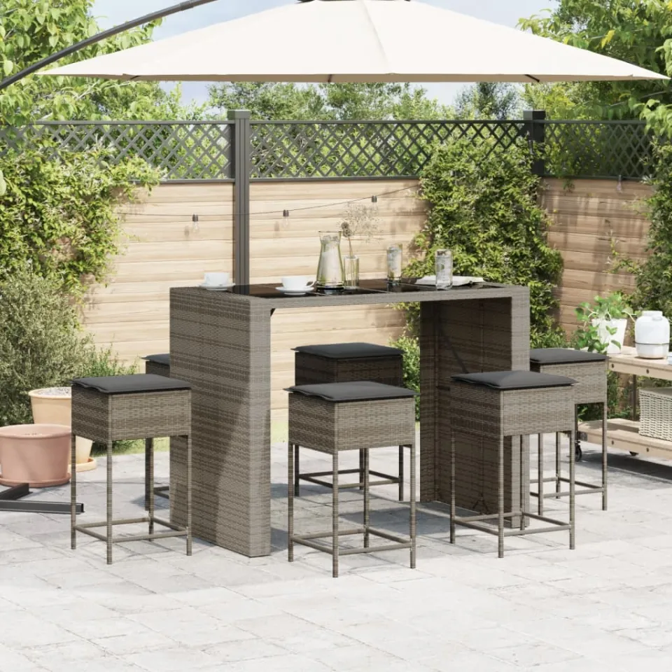 vidaXL 7-delige Tuinbarset met kussens poly rattan grijs, foto 2