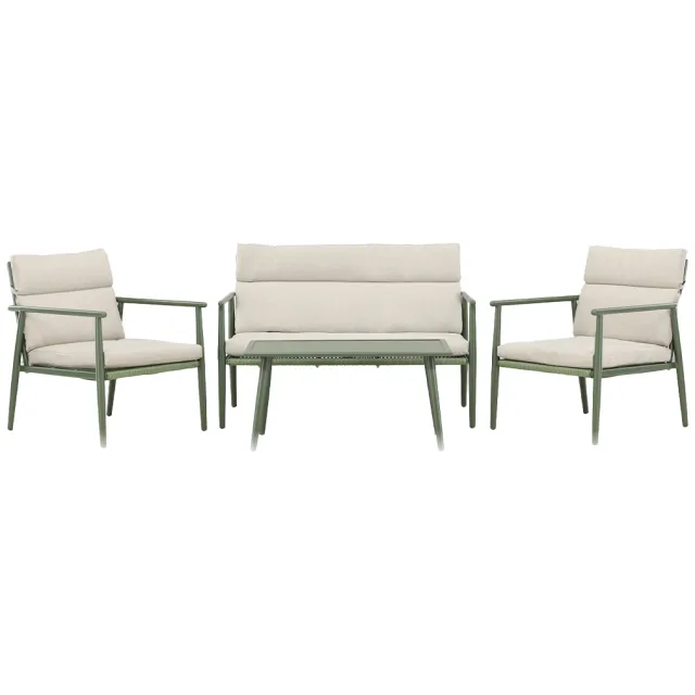 Nest outdoor Margret tuin loungeset groen - tweezits bank, twee fauteuils en een salon tafel - met beige zitkussens