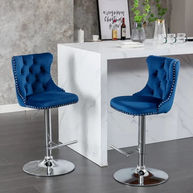 Welltin Barkrukken Set van 2 - Fluwelen Bekleding - 360° Draaibaar - In Hoogte Verstelbare Zitting - Chroomkleurige Voet - Comfortabele Rugleuning - Getufte Zitting - Barstoelen voor Keuken - Blauw