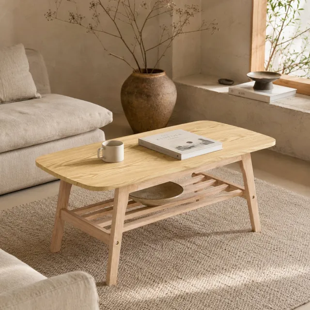 MODENUIT Salontafel - Houten Tafel Met 2-Laags Opbergruimte - Voor Woonkamer, Slaapkamer En Bureau - Hout - 100x48x42,5 Cm - Wood